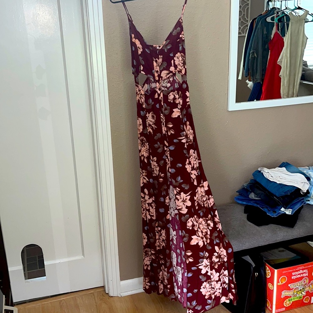 Red Floral Maxi Cutout Dress with leg slits